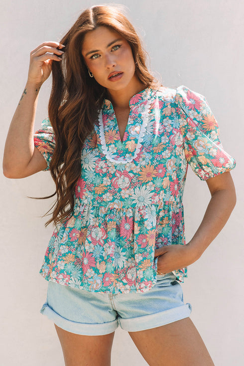 Notched Neckline Puff Sleeve Floral Print Woven Blouse