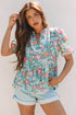 Notched Neckline Puff Sleeve Floral Print Woven Blouse