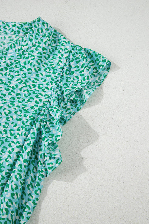 Notched Neckline Ruffle Sleeve Animal Print Viscose Blouse
