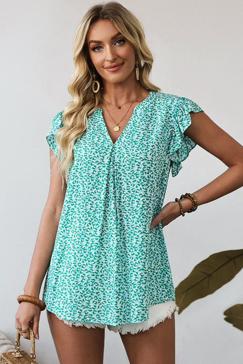 Notched Neckline Ruffle Sleeve Animal Print Viscose Blouse