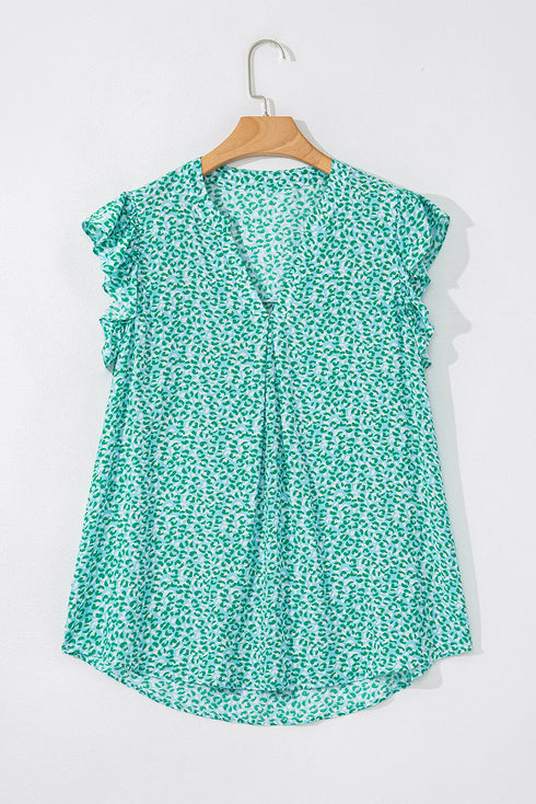 Notched Neckline Ruffle Sleeve Animal Print Viscose Blouse