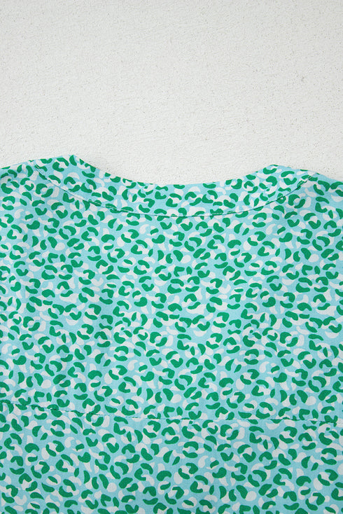 Notched Neckline Ruffle Sleeve Animal Print Viscose Blouse