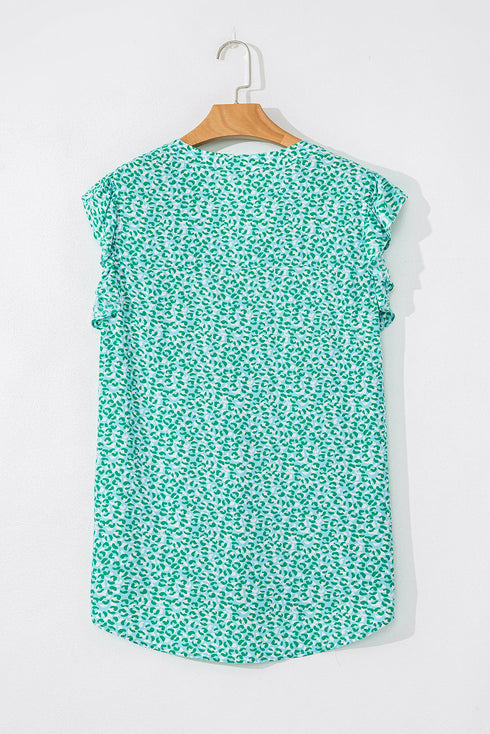 Notched Neckline Ruffle Sleeve Animal Print Viscose Blouse
