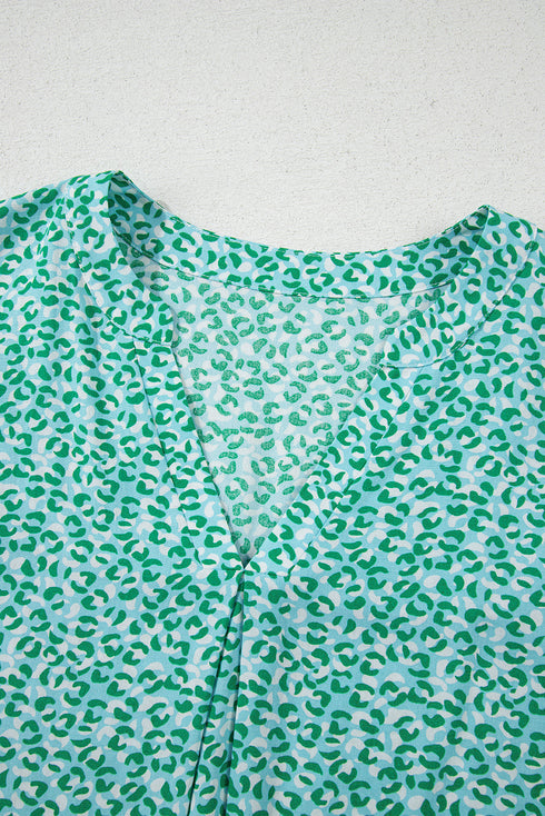 Notched Neckline Ruffle Sleeve Animal Print Viscose Blouse