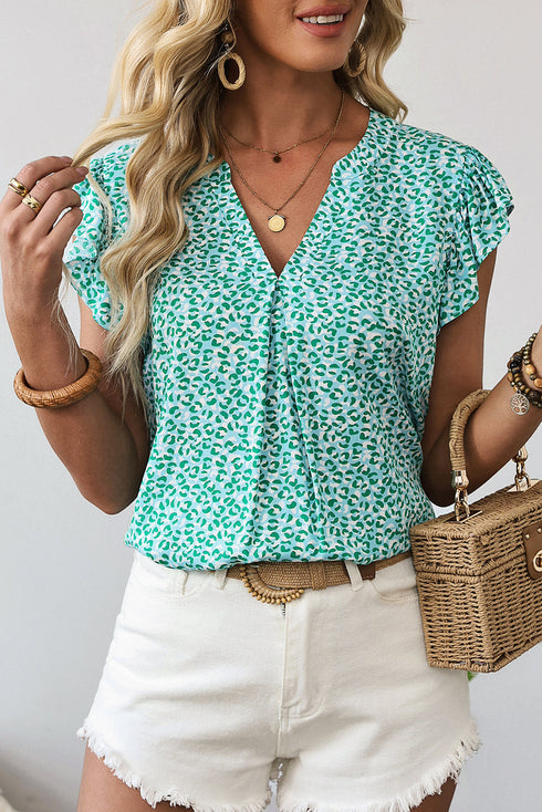 Notched Neckline Ruffle Sleeve Animal Print Viscose Blouse