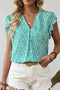 Notched Neckline Ruffle Sleeve Animal Print Viscose Blouse