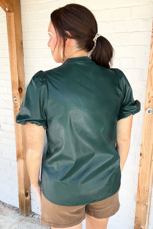 Notched V Neck Short Puff Sleeve Faux Leather Blouse