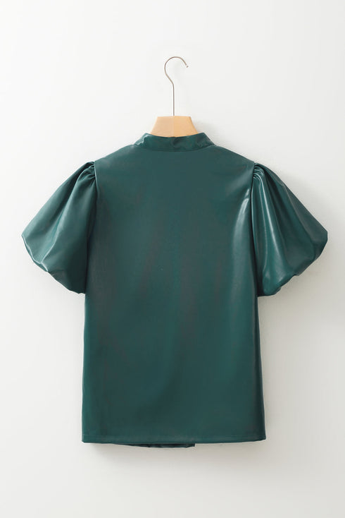 Notched V Neck Short Puff Sleeve Faux Leather Blouse