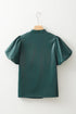 Notched V Neck Short Puff Sleeve Faux Leather Blouse