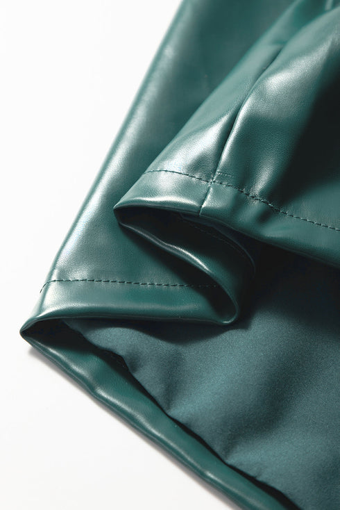 Notched V Neck Short Puff Sleeve Faux Leather Blouse