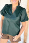 Notched V Neck Short Puff Sleeve Faux Leather Blouse
