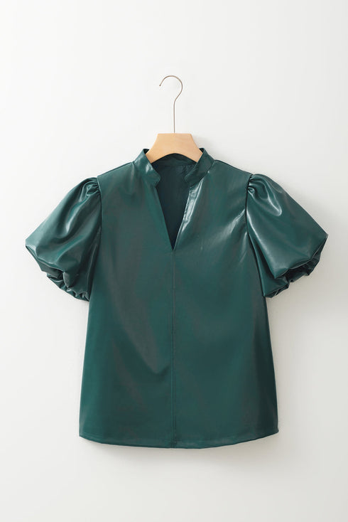 Notched V Neck Short Puff Sleeve Faux Leather Blouse