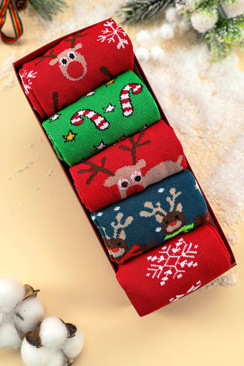 Novelty Cartoon Elk Print Cotton Crew Sock Set