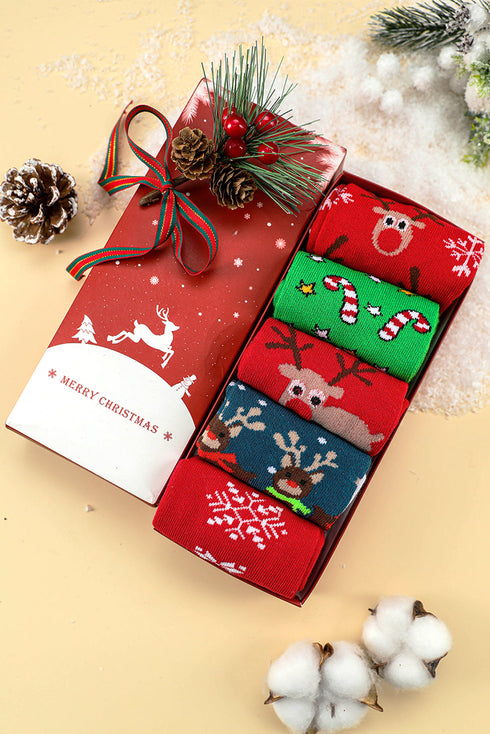 Novelty Cartoon Elk Print Cotton Crew Sock Set