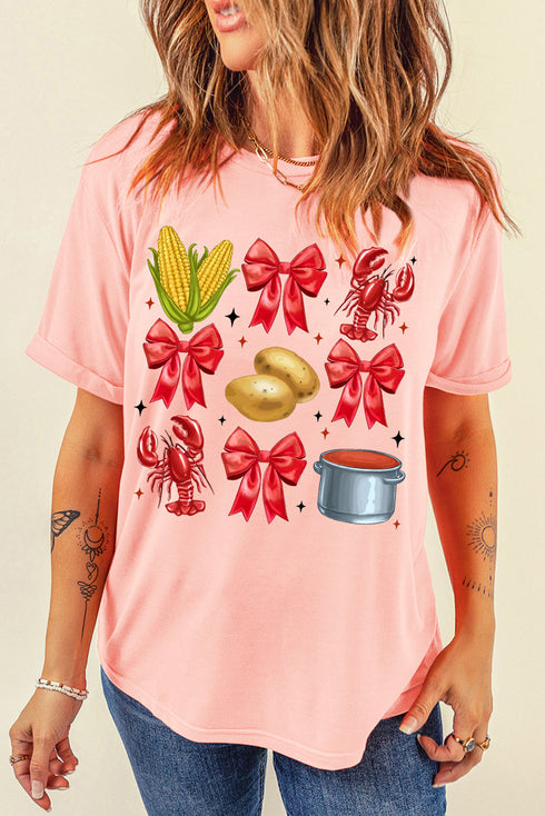 Novelty Crawfish Bow Graphic Print Short Sleeve Shirt