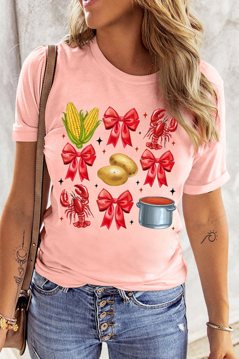 Novelty Crawfish Bow Graphic Print Short Sleeve Shirt