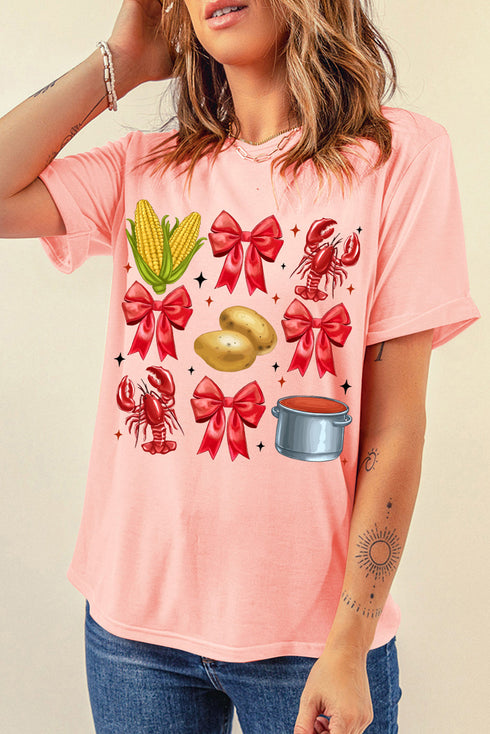 Novelty Crawfish Bow Graphic Print Short Sleeve Shirt