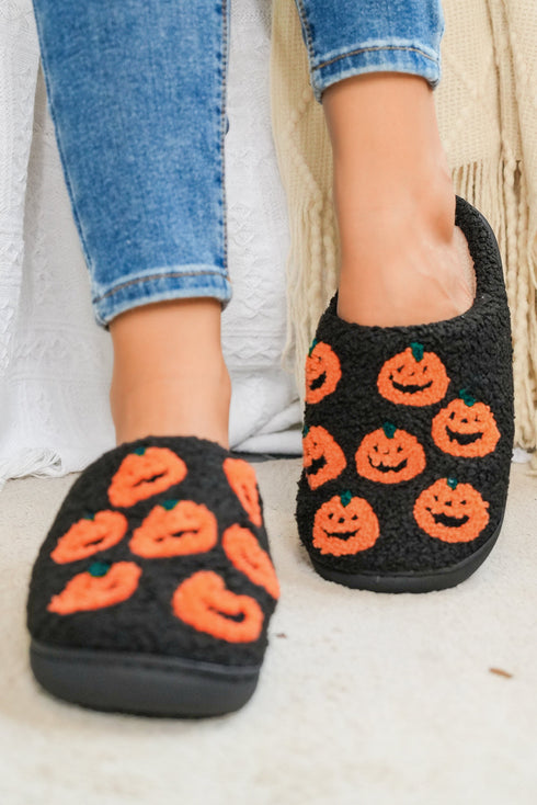 Novelty Jack O Lantern Plush Fleece House Slippers