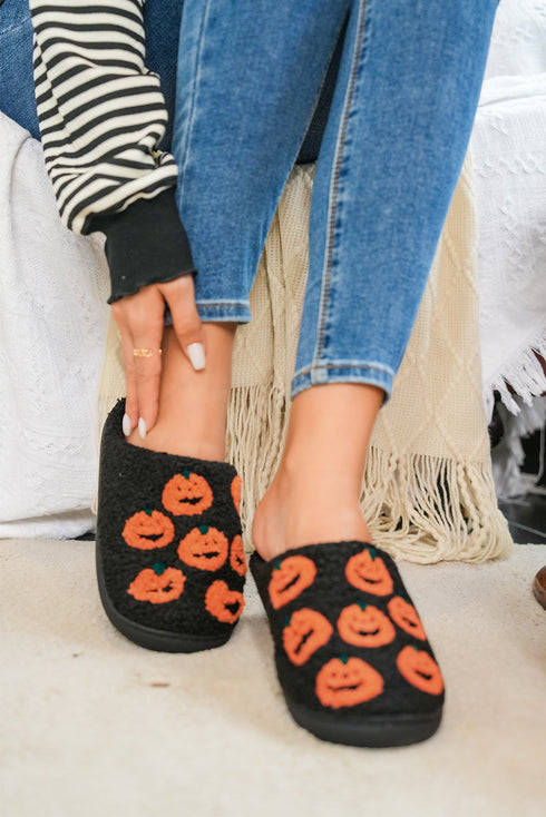 Novelty Jack O Lantern Plush Fleece House Slippers