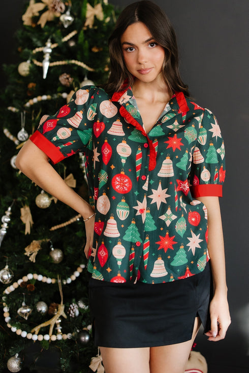 Novelty Print Frilled Neck Contrast Trim Short Sleeve Blouse