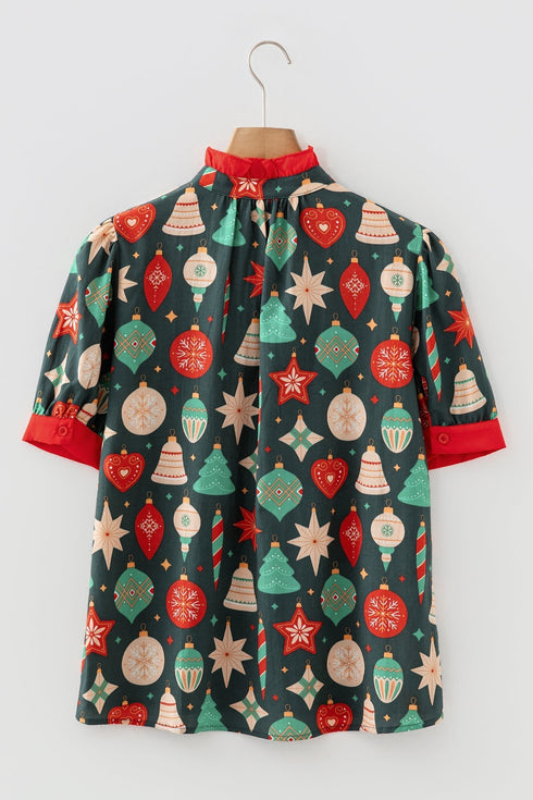 Novelty Print Frilled Neck Contrast Trim Short Sleeve Blouse