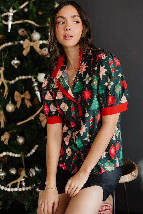 Novelty Print Frilled Neck Contrast Trim Short Sleeve Blouse