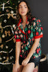 Novelty Print Frilled Neck Contrast Trim Short Sleeve Blouse