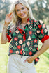 Novelty Print Frilled Neck Contrast Trim Short Sleeve Blouse
