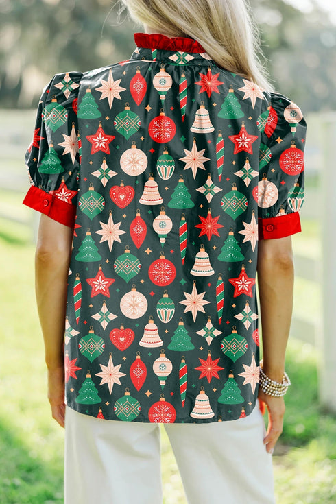 Novelty Print Frilled Neck Contrast Trim Short Sleeve Blouse