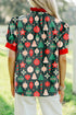 Novelty Print Frilled Neck Contrast Trim Short Sleeve Blouse