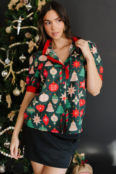 Novelty Print Frilled Neck Contrast Trim Short Sleeve Blouse