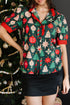 Novelty Print Frilled Neck Contrast Trim Short Sleeve Blouse