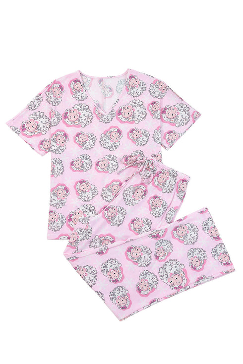 Novelty Print V Neck Short Sleeve Lounge Set