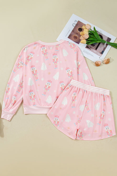Nutcracker Doll Print Stripe Contrast Trim Long Sleeve Short Sets