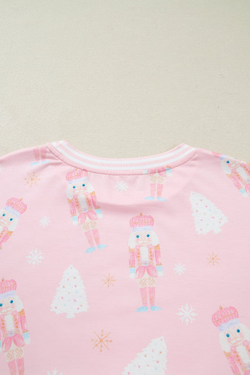 Nutcracker Doll Print Stripe Contrast Trim Long Sleeve Short Sets