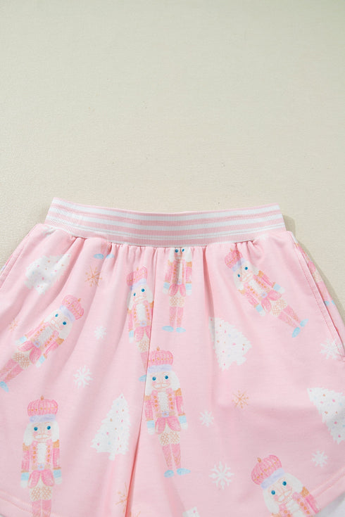 Nutcracker Doll Print Stripe Contrast Trim Long Sleeve Short Sets