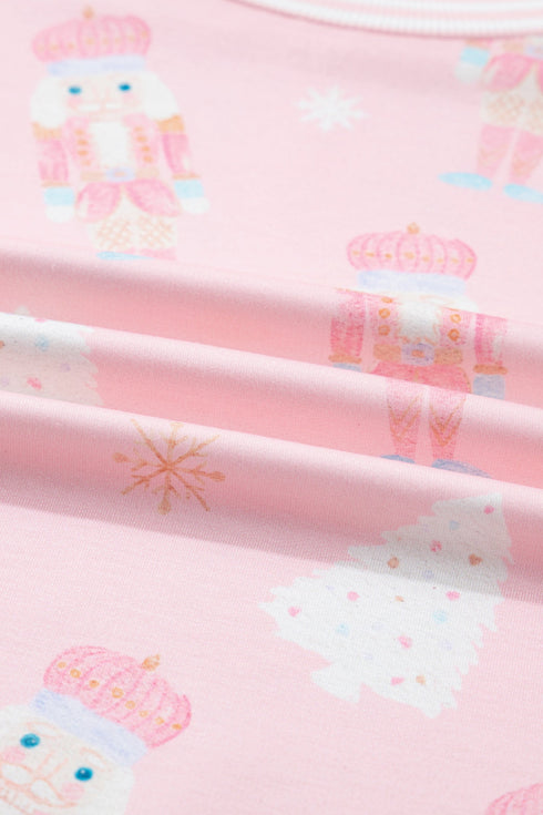 Nutcracker Doll Print Stripe Contrast Trim Long Sleeve Short Sets