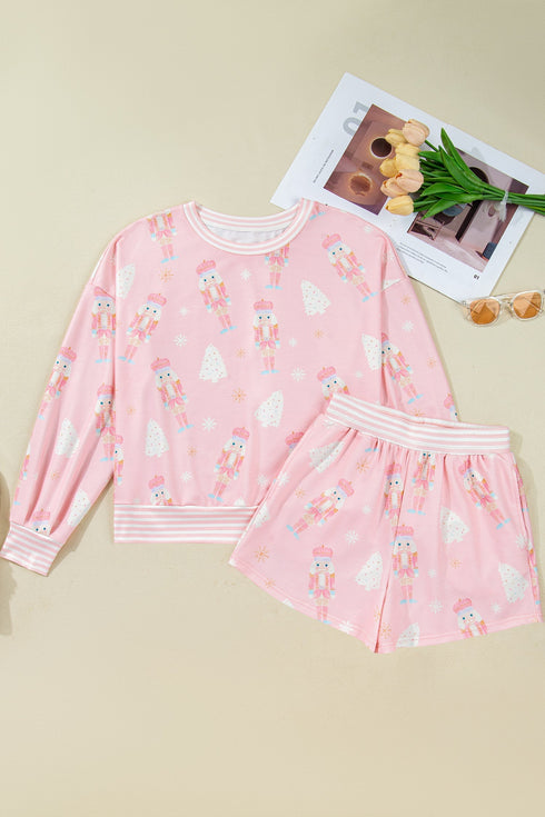 Nutcracker Doll Print Stripe Contrast Trim Long Sleeve Short Sets