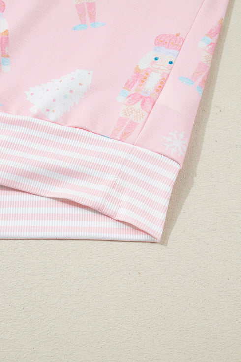 Nutcracker Doll Print Stripe Contrast Trim Long Sleeve Short Sets
