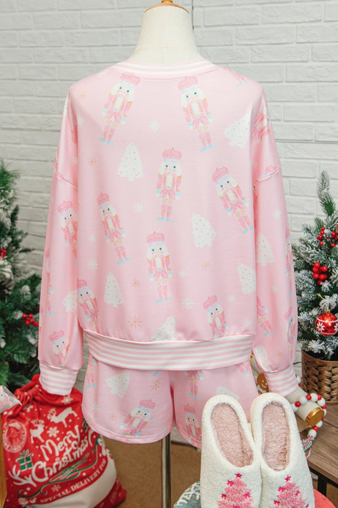 Nutcracker Doll Print Stripe Contrast Trim Long Sleeve Short Sets