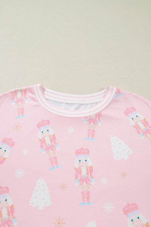 Nutcracker Doll Print Stripe Contrast Trim Long Sleeve Short Sets