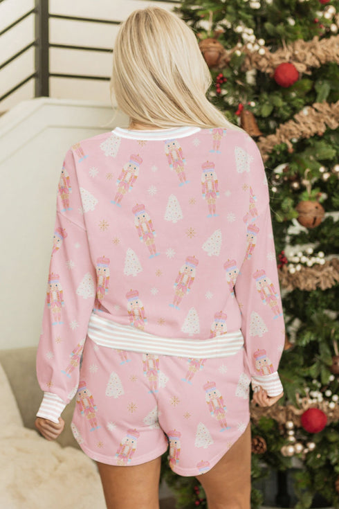 Nutcracker Doll Print Stripe Contrast Trim Long Sleeve Short Sets