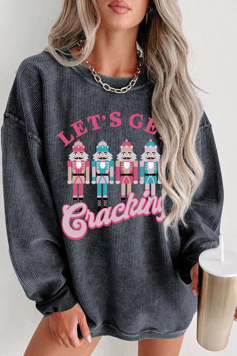 Nutcracker Graphic Print Corded Texture Holiday Sweatshirt