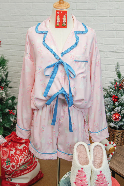Nutcracker Print Bow Tie Front Long Sleeve Pajama Set