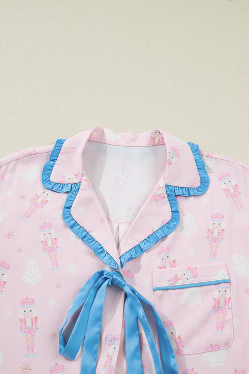 Nutcracker Print Bow Tie Front Long Sleeve Pajama Set