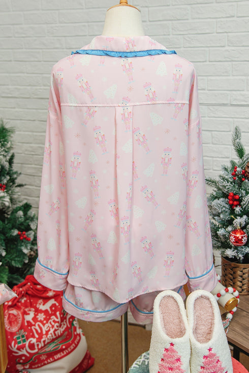 Nutcracker Print Bow Tie Front Long Sleeve Pajama Set