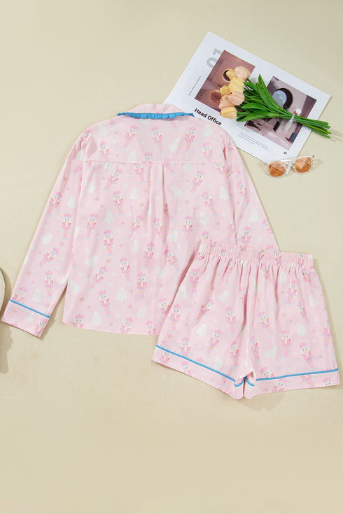 Nutcracker Print Bow Tie Front Long Sleeve Pajama Set