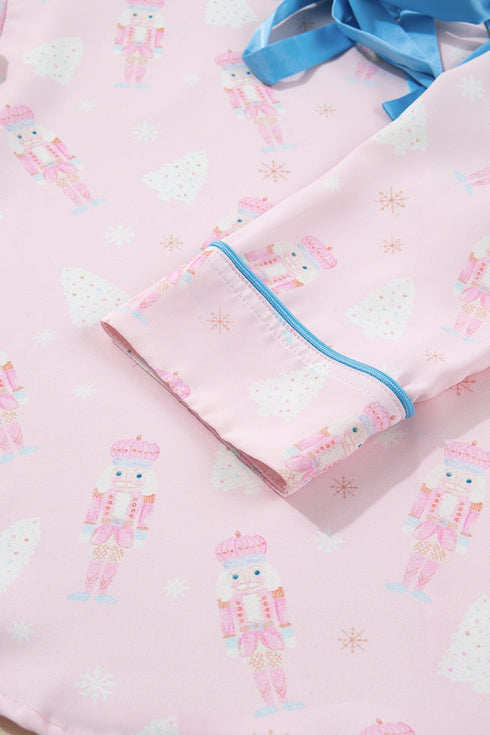 Nutcracker Print Bow Tie Front Long Sleeve Pajama Set
