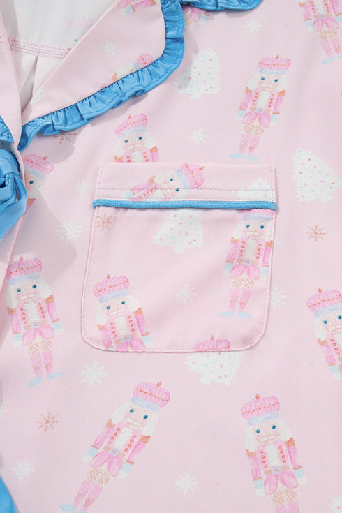 Nutcracker Print Bow Tie Front Long Sleeve Pajama Set