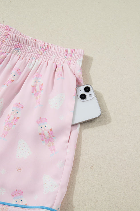 Nutcracker Print Bow Tie Front Long Sleeve Pajama Set